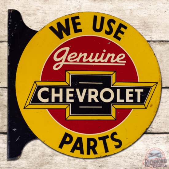 We Use Chevrolet Genuine Parts Double Sided Tin Flange Sign w/ Logo