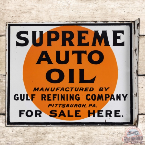 Excellent Gulf Refining Co. Supreme Auto Oil Double Sided Porcelain Flange Sign