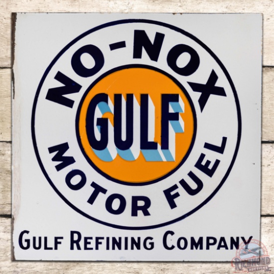 Superb Gulf No-Nox Motor Fuel Double Sided Porcelain Flange Sign w/ Logo