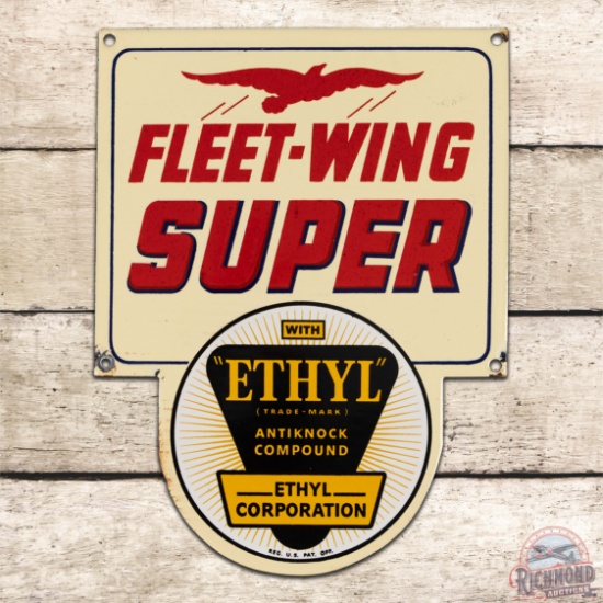 Excellent Fleet Wing Super Ethyl Gasoline Single Sided Porcelain Die Cut Pump Plate Sign w/ Logo