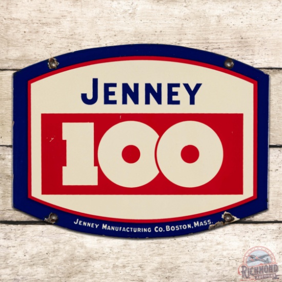 Scarce Jenney 100 Gasoline Single Sided Porcelain Pump Plate Sign Boston Mass