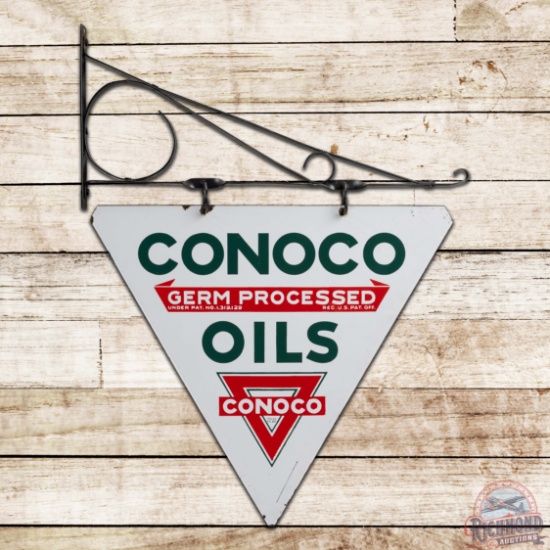 Striking Conoco "Germ Processed Oils" Double Sided Porcelain Sign w/ Logo & Bracket