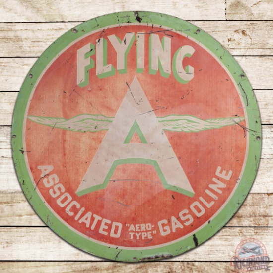Scarce Flying A Associated "Aero Type" Gasoline 28" Double Sided Tin Sign w/ Chicken Wing Logo