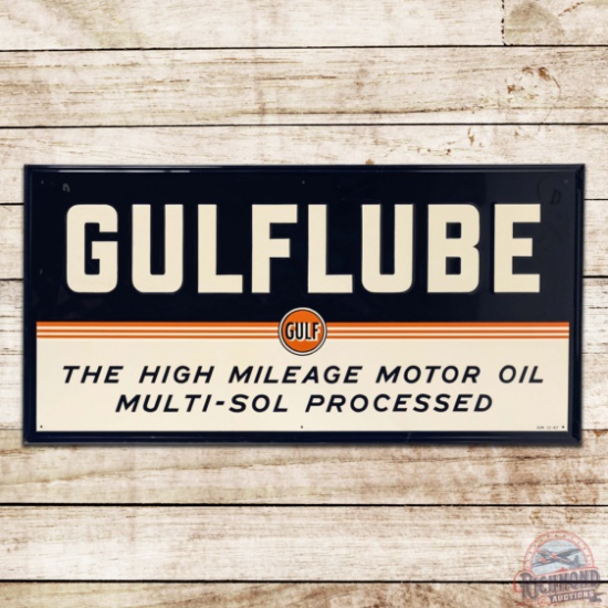 1947 Gulflube The High Mileage Motor Oil Emb. Single Sided Tin Sign w/ Logo