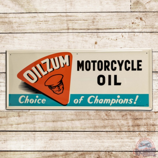 Outstanding 1966 Oilzum Motorcycle Oil "Choice of Champions" Single Sided Tin Sign w/ Logo