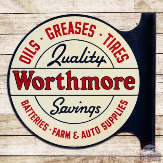 1945 Worthmore Oils Greases Tires Batteries Farm & Auto Supplies Double Sided Tin Flange Sign