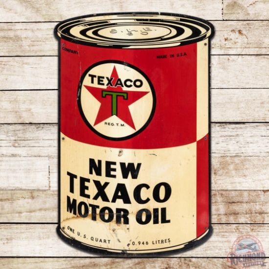 1936 New Texaco Motor Oil Die Cut Quart Can Shaped Single Sided Tin Sign w/ Logo