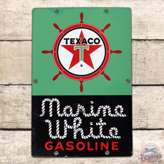 Rare Texaco Marine White Gasoline Single Sided Porcelain Pump Plate Sign w/ Ship's Wheel "Medium"
