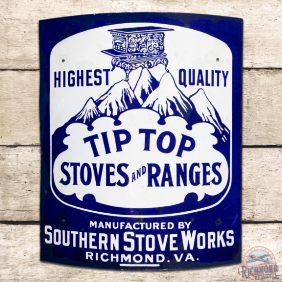 Tip Top Stoves and Ranges Southern Stove Works Curved Single Sided Porcelain Sign w/ Mountains