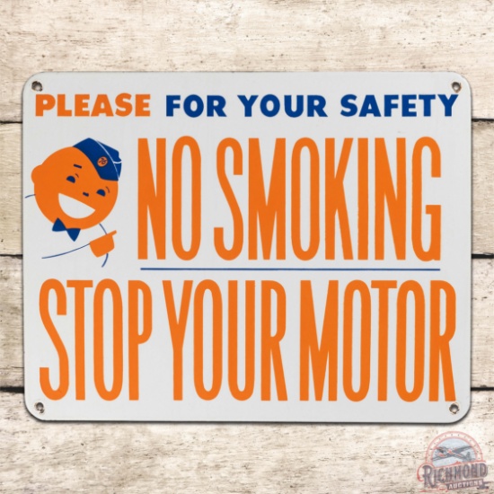 Union 76 Please For Your Safety No Smoking Stop Your Motor Single Sided Porcelain Sign w/ Speedy