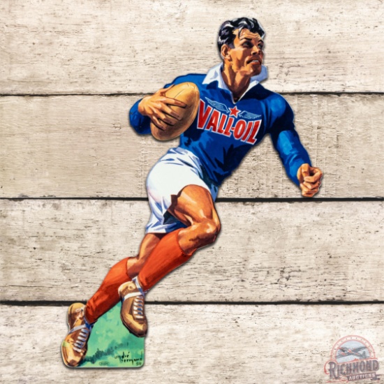 Excellent 1954 Vall-Oil Motor Oil Die Cut Single Sided Tin Rugby Player Figural Sign