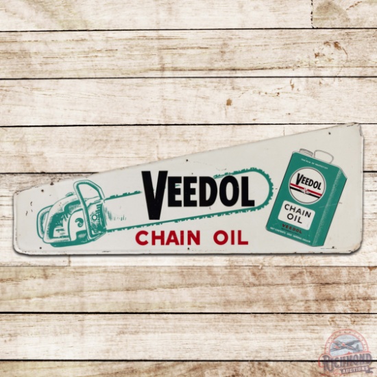 Graphic Veedol Chain Oil Single Sided Tin Sign w/ Saw & Can