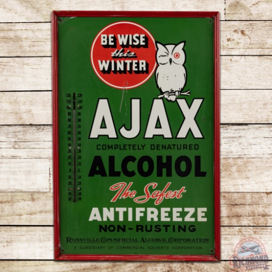 Ajax The Safest Antifreeze Single Sided Tin Thermometer Sign w/ Owl
