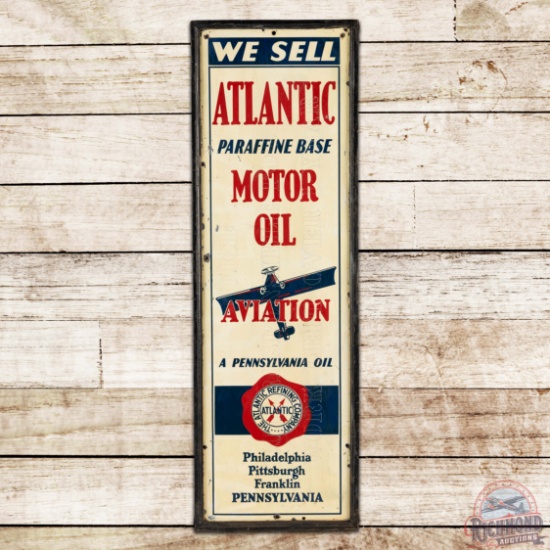 We Sell Atlantic Aviation Motor Oil Single Sided Tin Wood Framed Logo Sign w/ Airplane