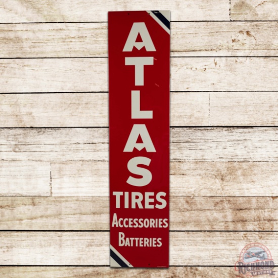 NOS 1961 Atlas Tires Accessories Batteries Vertical Single Sided Tin Sign