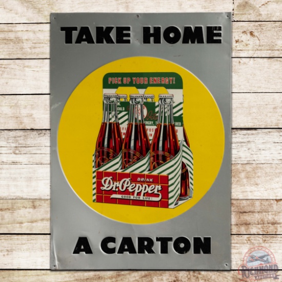 Drink Dr. Pepper "Take Home a Carton" Emb. Single Sided Tin Sign w/ 6 Pack