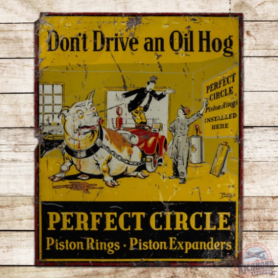 Perfect Circle Piston Rings "Don't Drive an Oil Hog" Emb. Single Sided Tin Sign