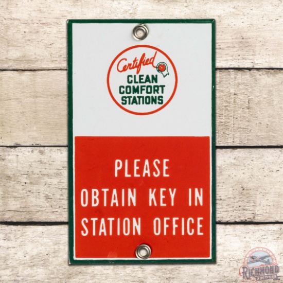 Flying A Associated Certified Clean Comfort Stations Please Obtain Key In Office SS Porcelain Sign
