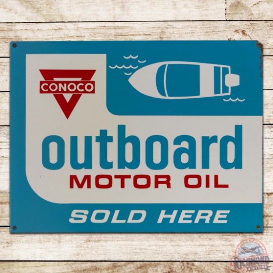 Rare Conoco Outboard Motor Oil "Sold Here" Double Sided Tin Sign w/ Logo & Boat