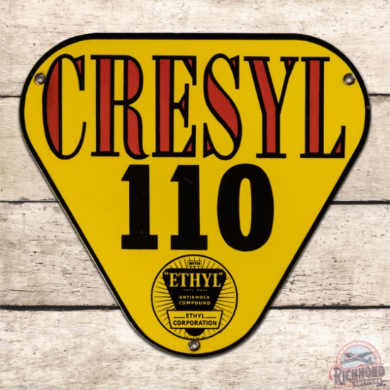 Superb Cresyl Ethyl 110 Gasoline Single Sided Porcelain Pump Plate Sign w/ Logo