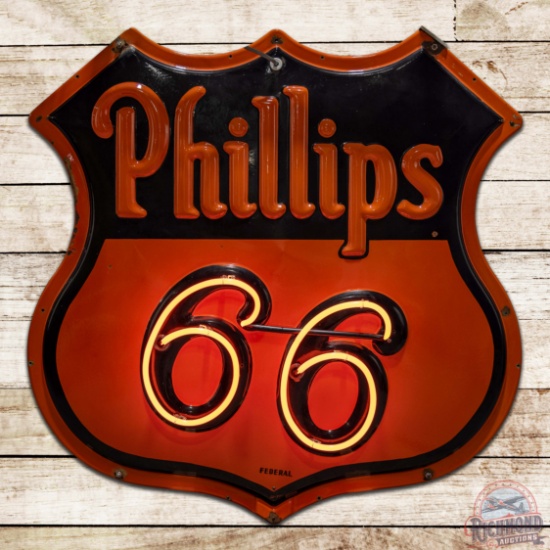 1955 Phillips 66 Gasoline 48" Die Cut Emb. Double Sided Porcelain Neon Sign