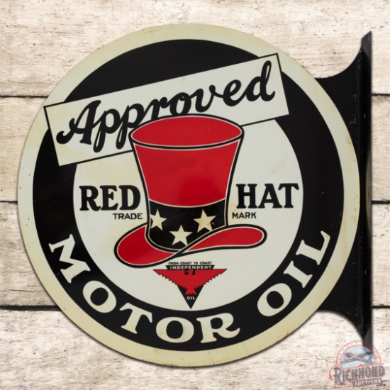 Outstanding Red Hat Approved Motor Oil Double Sided Tin Flange Sign w/ Logo