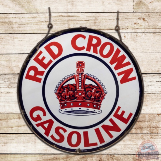 Red Crown Gasoline 42" Double Sided Porcelain Sign w/ Ring