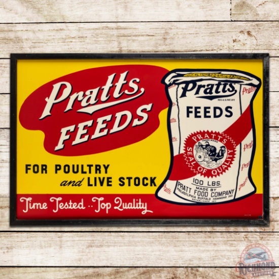 Fantastic 1950 Pratts Feeds "For Poultry and Livestock" Single Sided Tin Sign w/ Feed Sack