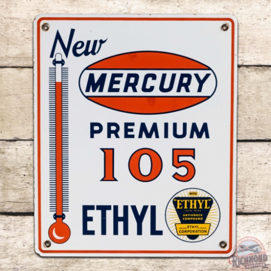 Scarce New Mercury Premium 105 Ethyl Gasoline Single Sided Porcelain Pump Plate Sign w/ Logo