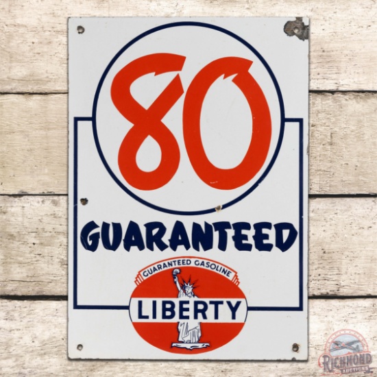 Rare Liberty 80 Guaranteed Gasoline Single Sided Porcelain Pump Plate Sign w/ Logo