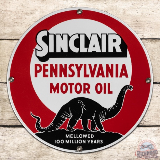 Amazing NOS Sinclair Pennsylvania Motor Oil "Mellowed 100 Million Years" 16" SS Porcelain Sign