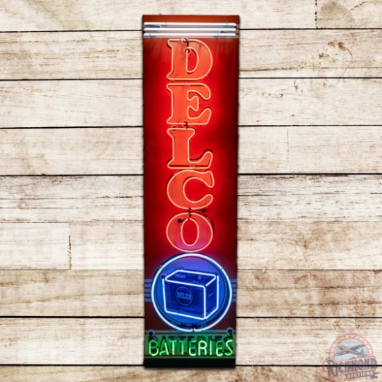 1950 Delco Batteries Vertical Single Sided Tin Neon Sign