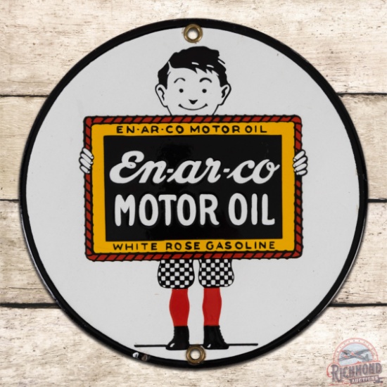 Amazing En-ar-co Motor Oil Single Sided Porcelain Lubester Sign w/ Boy & Slate
