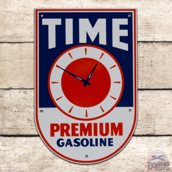 Terrific Time Premium Gasoline Single Sided Porcelain Pump Plate Sign