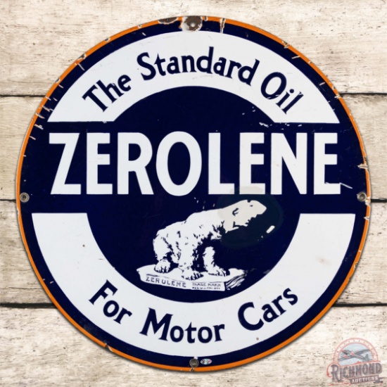 Zerolene The Standard Oil for Motor Cars 24" Single Sided Porcelain Sign w/ Polar Bear