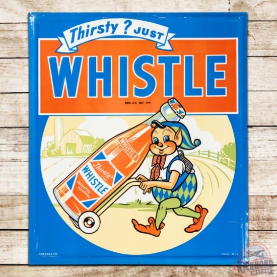 Superb Thirsty? Just Whistle Emb. Single Sided Tin Sign w/ Elf & Bottle