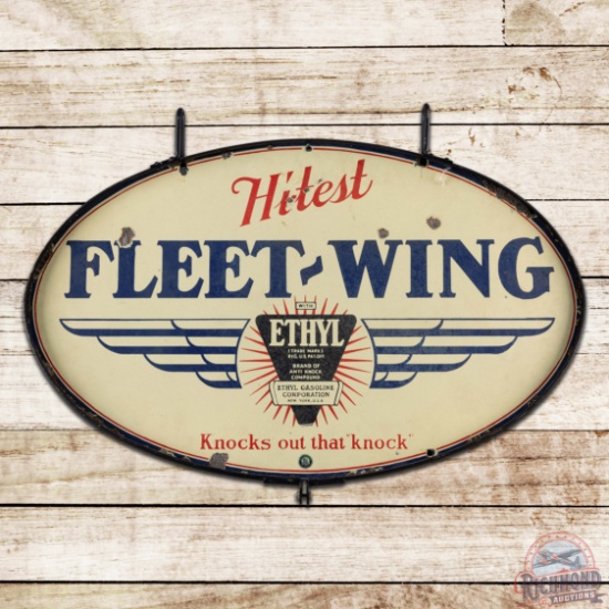 Rare Fleet-Wing Hi-Test Ethyl Gasoline Double Sided Porcelain Sign w/ Ring