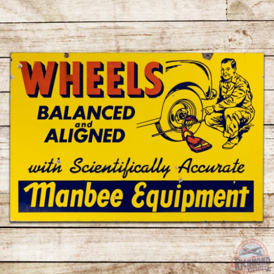 Manbee Equipment Wheels Balanced and Aligned Double Sided Porcelain Sign