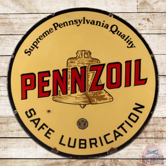 Pennzoil Safe Lubrication 42" Double Sided Porcelain Sign w/ "Brown Bell"