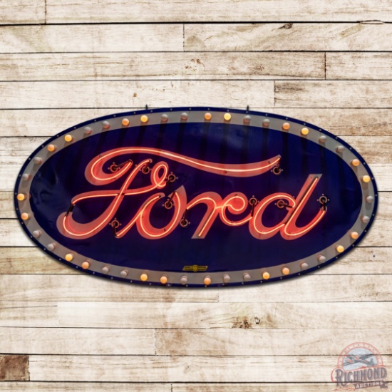 Impressive Ford Automobiles 8' Single Sided Porcelain Neon Sign w/ Flasher Bulbs