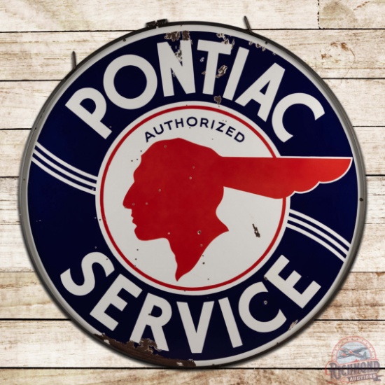 Pontiac Authorized Service 60" Double Sided Porcelain Sign w/ Ring "Full Feather w/ Lines"