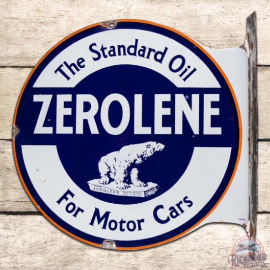 Zerolene The Standard Oil for Motor Cars Double Sided Porcelain Flange Sign w/ Polar Bear