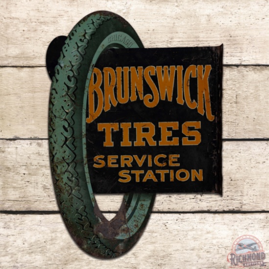 Scarce Brunswick Tires Service Station Die Cut Double Sided Tin Flange Sign