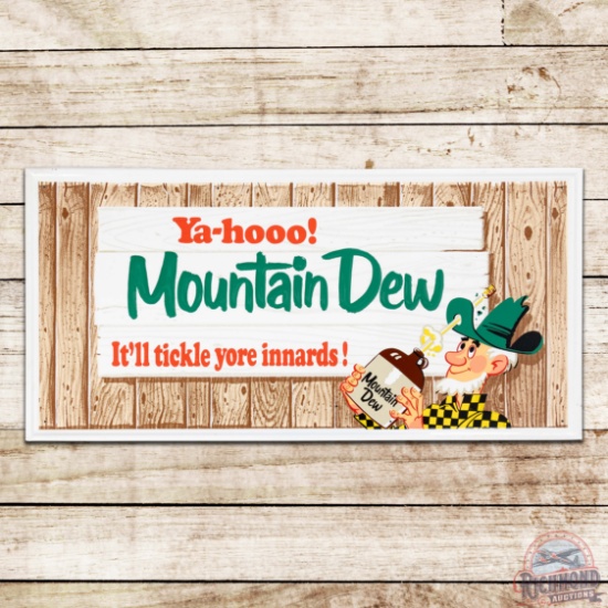Amazing 1965 Ya-Hooo! Mountain Dew Emb. 3' Single Sided Tin Sign w/ Hillbilly