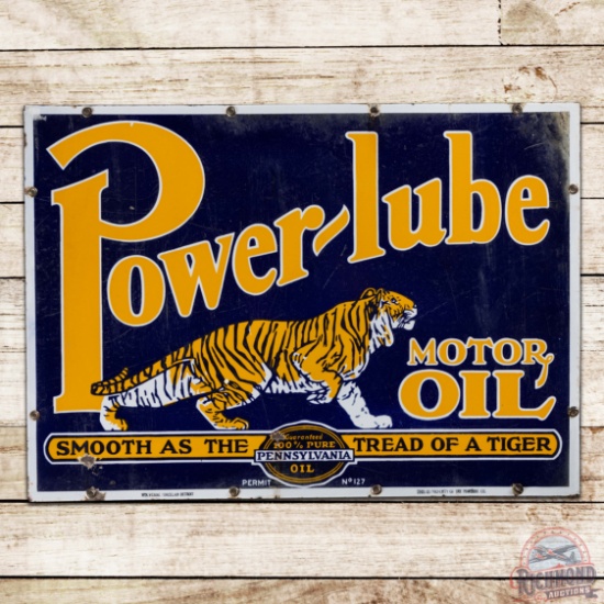 Power-Lube Motor Oil "Smooth as the Tread of a Tiger" Double Sided Porcelain Sign