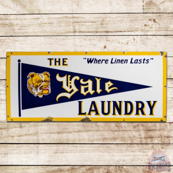 The Yale Laundry "Where Linen Lasts" Single Sided Porcelain Sign w/ Bulldog & Pennant