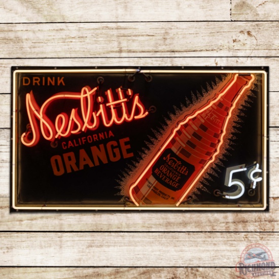 Drink Nesbitt's California Orange 5 Cents Single Sided Tin Neon Sign w/ Bottle