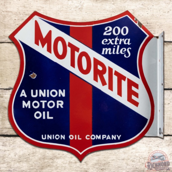Motorite Union Oil Company Die Cut Double Sided Porcelain Flange Sign