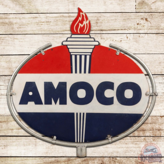 Amoco Gasoline 4' Double Sided Porcelain Die Cut Sign w/ Frame