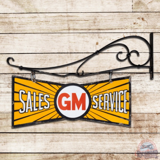 GM Sales & Service Die Cut Double Sided Porcelain Sign w/ Hanging Bracket